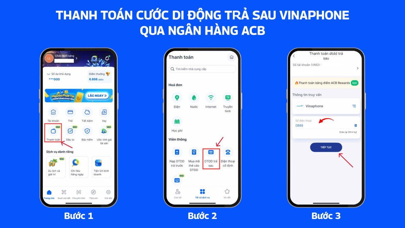 Thanh toán cước di động trả sau VinaPhone qua ngân hàng ACB 1