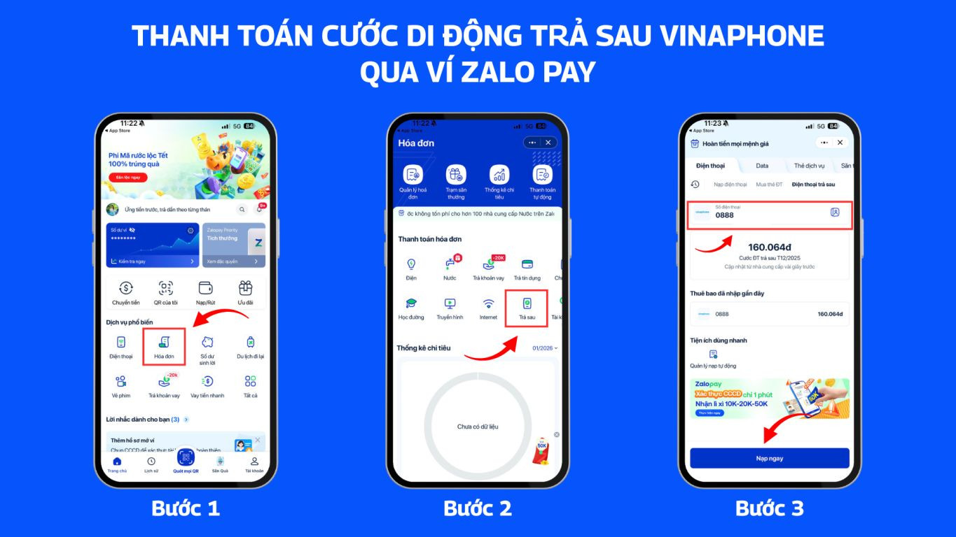 Thanh toán cước di động trả sau VinaPhone qua ví Zalo Pay