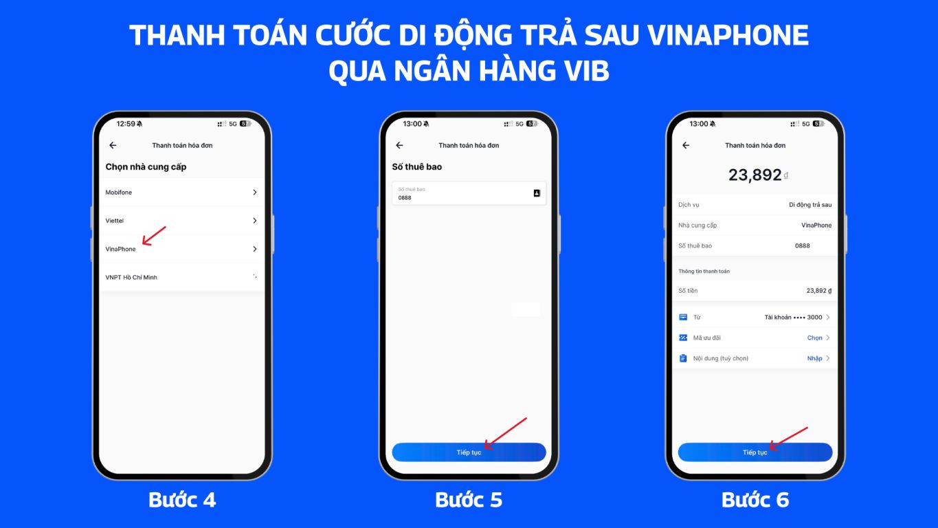 Thanh toán cước di động trả sau VinaPhone qua ngân hàng VIB 2