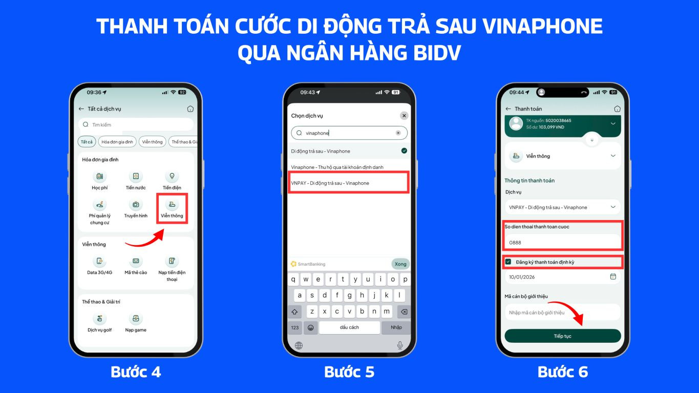 Thanh toán cước di động trả sau VinaPhone qua ngân hàng BIDV 2