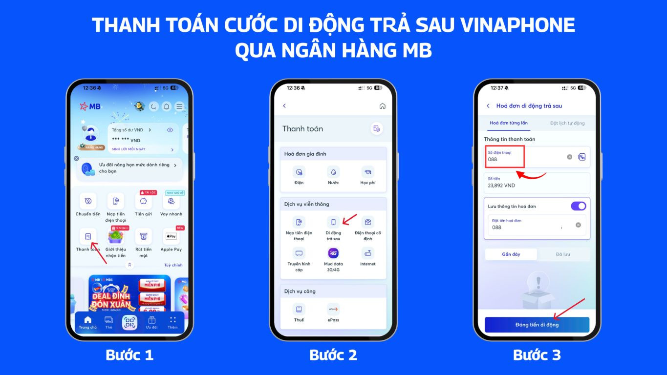 Thanh toán cước di động trả sau VinaPhone qua ngân hàng MB 1