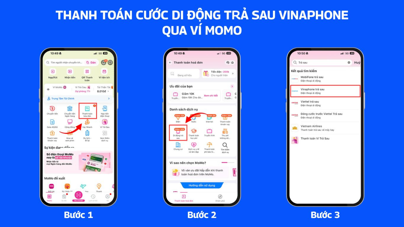 Thanh toán cước di động trả sau VinaPhone qua ví Momo 1