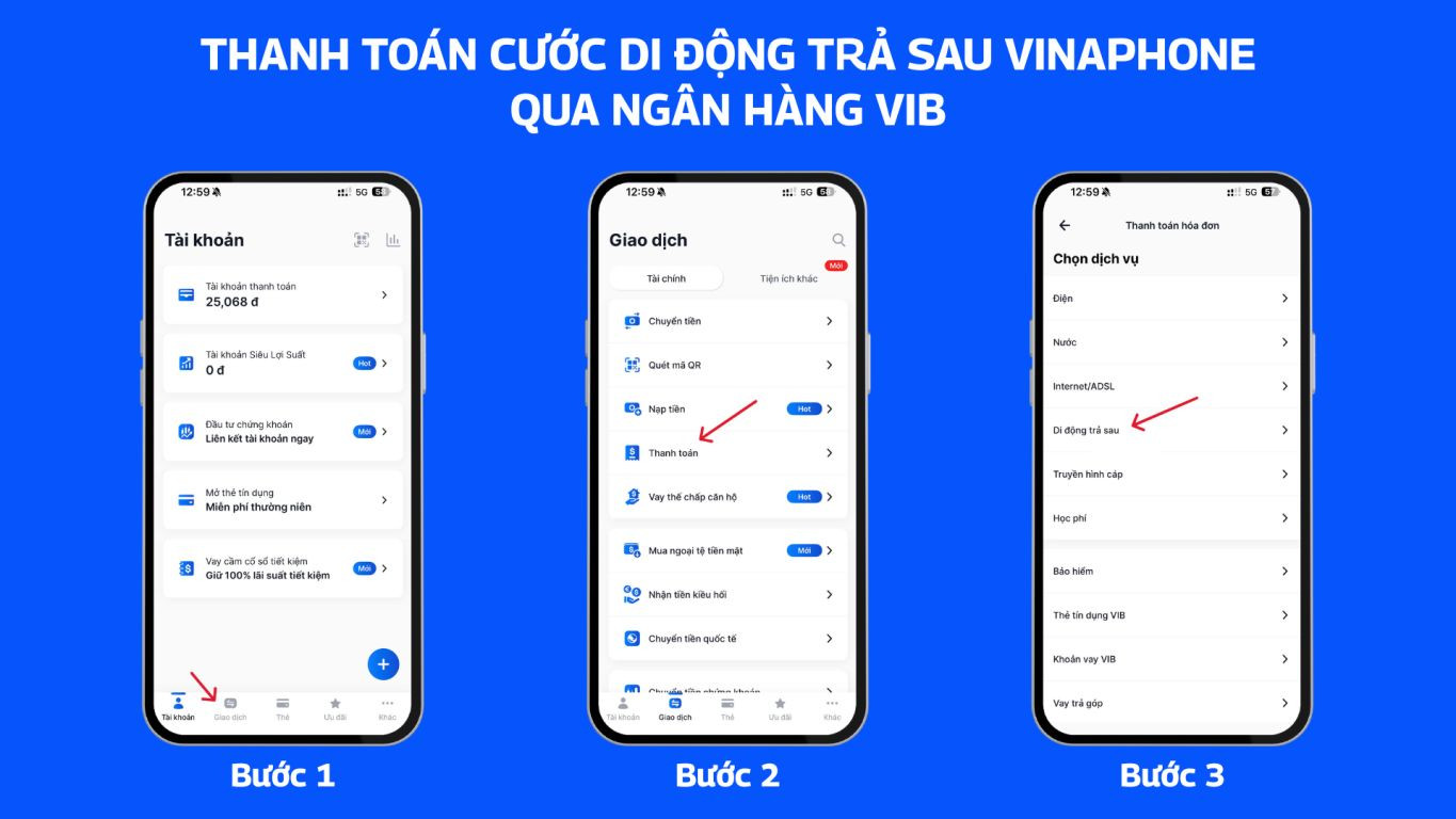 Thanh toán cước di động trả sau VinaPhone qua ngân hàng VIB 1