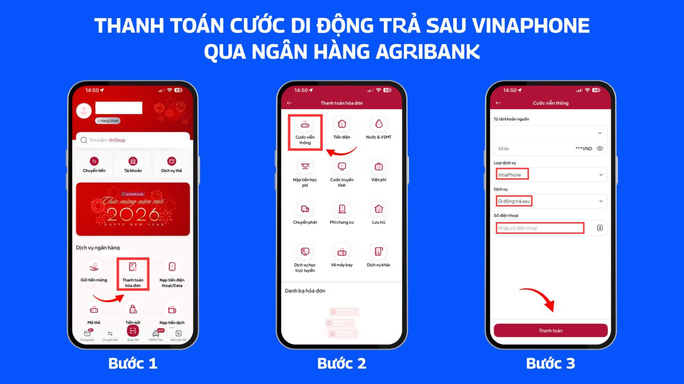 Thanh toán cước di động trả sau VinaPhone qua ngân hàng AGRIBANK