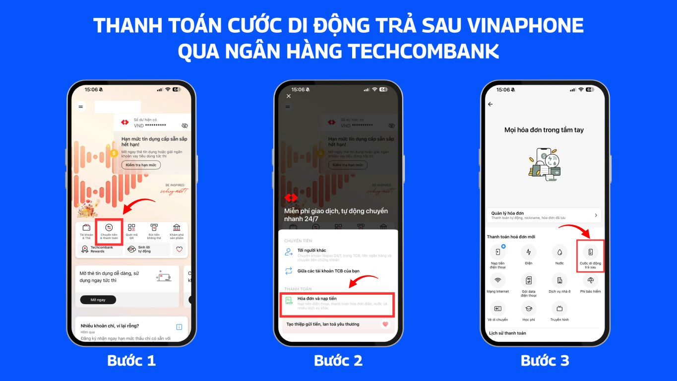Thanh toán cước di động trả sau VinaPhone qua ngân hàng Techcombank 1